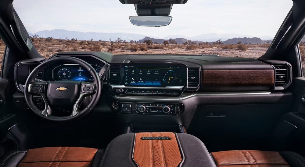 Brown and black leather interior in a 2026 Chevy Silverado 3500 HD High Country for sale