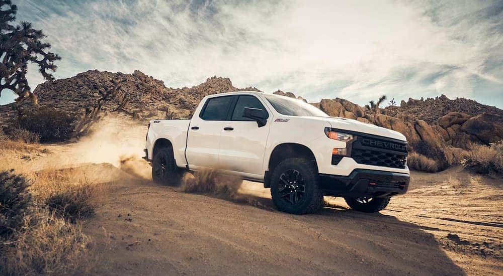 A white 2024 Chevy Silverado 1500 Custom Trail Boss kicking up dust while off-roading.
