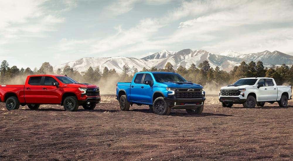 Three 2024 Chevy Silverado 1500s, different trims and colors, parked in front of snow-capped mountains.