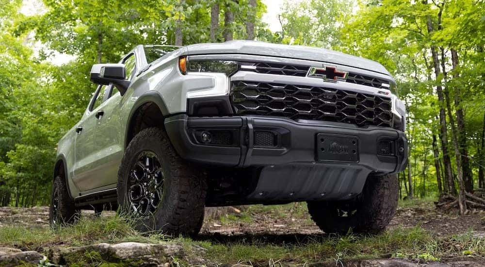 A low angle shot of a white 2024 Chevy Silverado 1500 ZR2 parked in a forest.