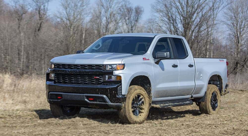 A grey 2023 Chevy Silverado 1500 Trail Boss is shown from the front at an angle.