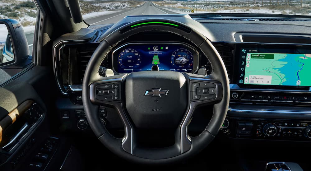 Steering wheel and dashboard inside a 2026 Chevy Silverado 1500