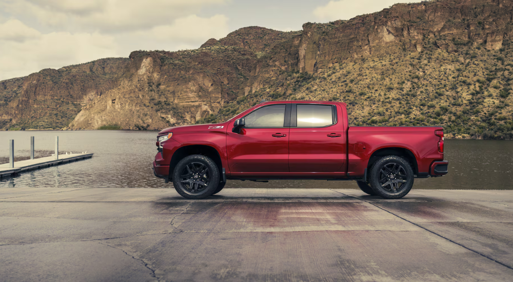 Side profile of a red 2026 Chevy Silverado 1500 RST